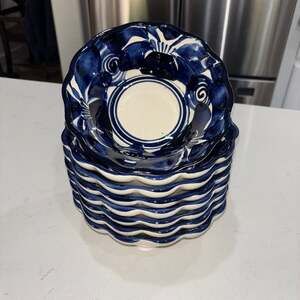 Set of 8 Hand-Painted Mexican Talavera Blue and White Scalloped Rim Soup Bowls